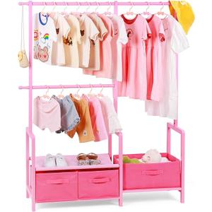 Bamboo Kids Clothing Rack with Triple Hanging Poles, Child Dress Up Rack, Small Organizer Garment Rack with 3 Storage Bins, for Costumes and Accessories (Pink)