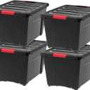 IRIS USA 51 L (54 QT) Plastic Storage Box with Lid and Latches - 4 Pack - BPA-Free, Garage Organizing Solution, Durable Nestable Stackable Containers, Secure Pull Handle - Black