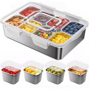 Osfel Stainless Steel Snackle Box Container with 8 Removable Silicone Sleeve Armored Metal Compartments Dish Washer Safe Snack Containers with Portable Handle for Parties, Housewarming, Mother's Day