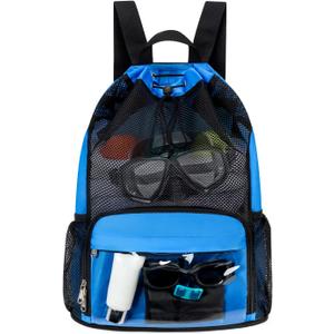 Drawstring Backpack Sandproof Beach Backpack with Shoe Compartment & Wet Pocket Waterproof Mesh Swim Bag Pool Bag for Gym, Travel and Workout Gear (Blue)