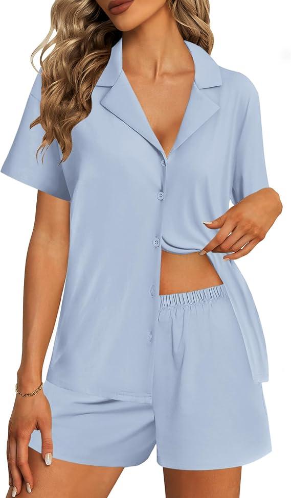 Ekouaer Womens Pajama Sets 2 Piece Cotton Pjs Button Down Sleepwear Short Sleeve Lounge Set with Pockets,L, Light Blue