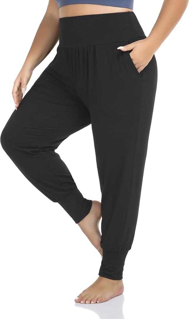 ZERDOCEAN Women's Plus Size Casual Yoga Joggers Comfy Loose Workout Lounge Pants with Pockets (Black)