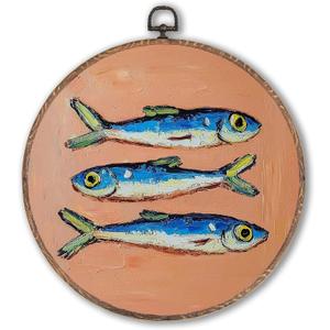 Lengues Sardine Kitchen Round Wall Art - Fish Round Wall Decor, Vintage Farmhouse Decor Canvas Framed Art Prints, Sardines French Country Print Hanging Frame for Room Kitchen 10x10 Inch