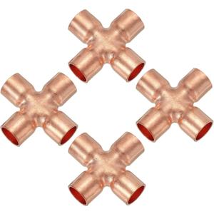 PATIKIL 1/2"(12.7mm) Copper Cross Pipe Fitting, 4 Pcs 4 Way Welding Copper End Feed Equal Pipe Connector for Plumbing Air Conditioning Refrigeration