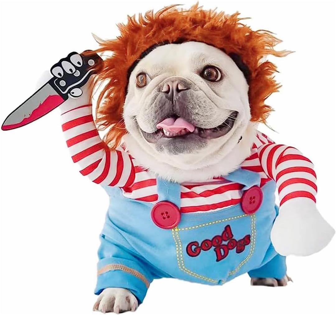 Dog Halloween Costume - Chucky Dog Costume Deadly Doll Dog Costumes Funny Dog Clothes Adjustable Cosplay Outift for Small Medium Dogs (Large, Blue)