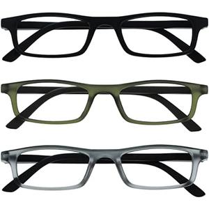 OPULIZE TED Reading Glasses for Women Men, Lightweight Narrow Rectangular Matt Frame with Spring Hinges, Black Khaki Green Grey +3.00 (Pack of 3)