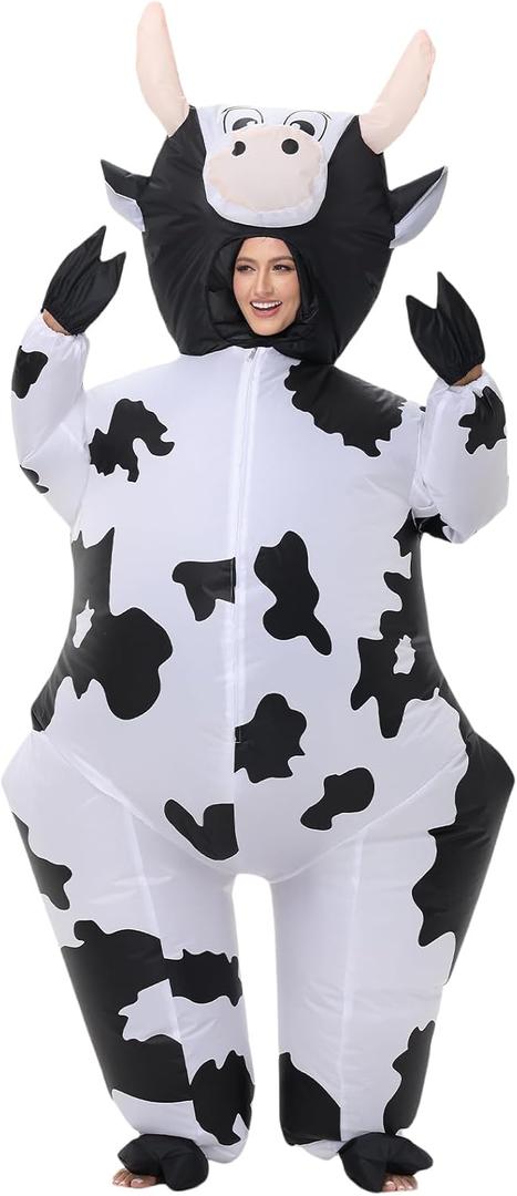 Inflatable Cow Costume Adult Animal Costume Halloween Inflatable Costume Christmas Cow Blow Up Suit for Women Cosplay (Small: 3.6ft to 4.27ft (1.1m to1.3m), White)