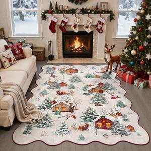 Collive Christmas Rugs for Bedroom, 5x7 Beige Washable Area Rug Non Slip, Soft Ultra-Thin Christmas Tree Santa Claus Holiday Decor Carpet for Living Room Kids Room Nursery
