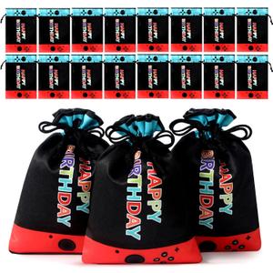 RICHNESS 16pcs Video Game Party Favor Bags Drawstring Game on Party Bags 4.5X6IN Satin Goodie Bags