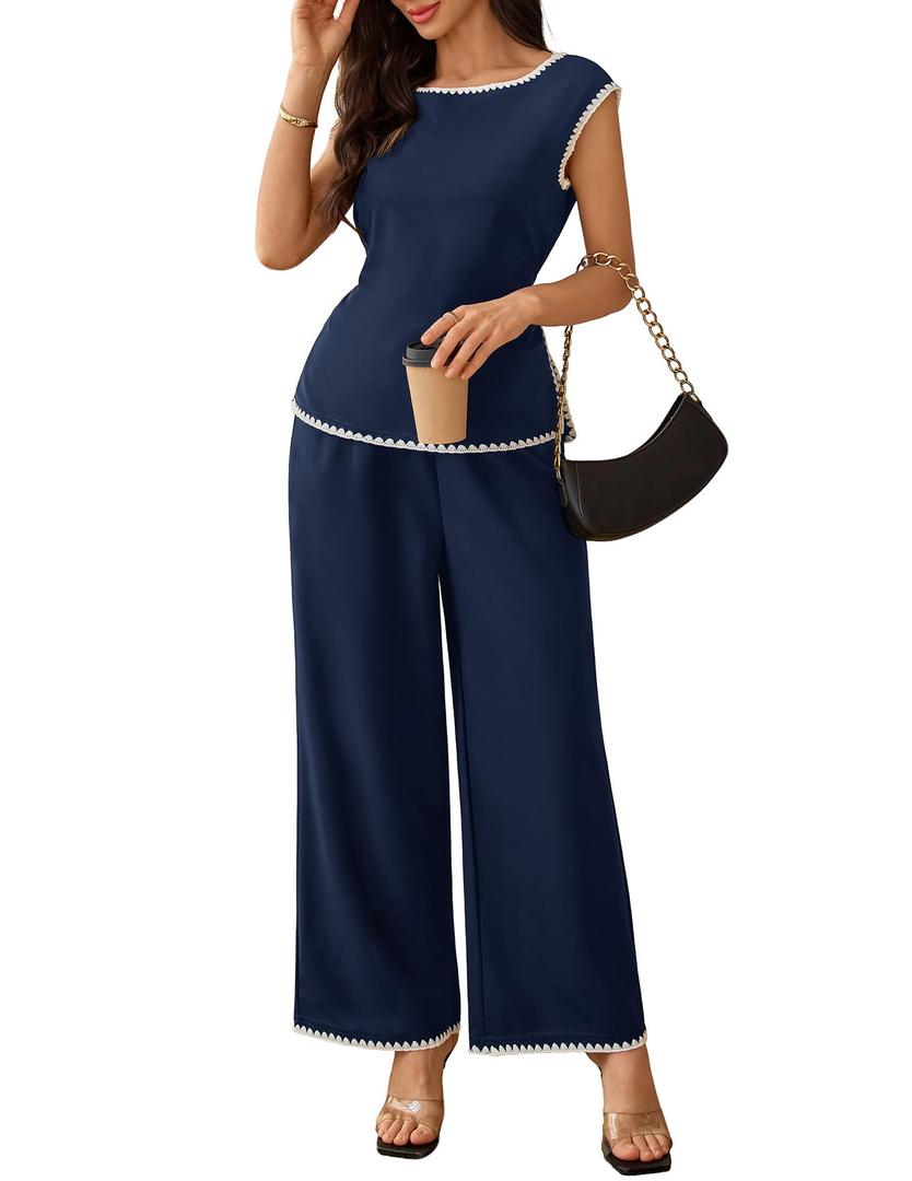 BeryLove 2 Piece Sets for Women Casual Short Sleeve Summer Tops and High Rise Wide Leg Pants Lounge Sets Navy-L