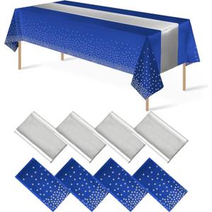 8Pack Disposable Plastic Tablecloths and Satin Table Runner Set Blue and Silver Dot Tablecloth Silver Satin Table Runner for Wedding Birthday Baby Shower Anniversary Christmas New Year Party Supplies