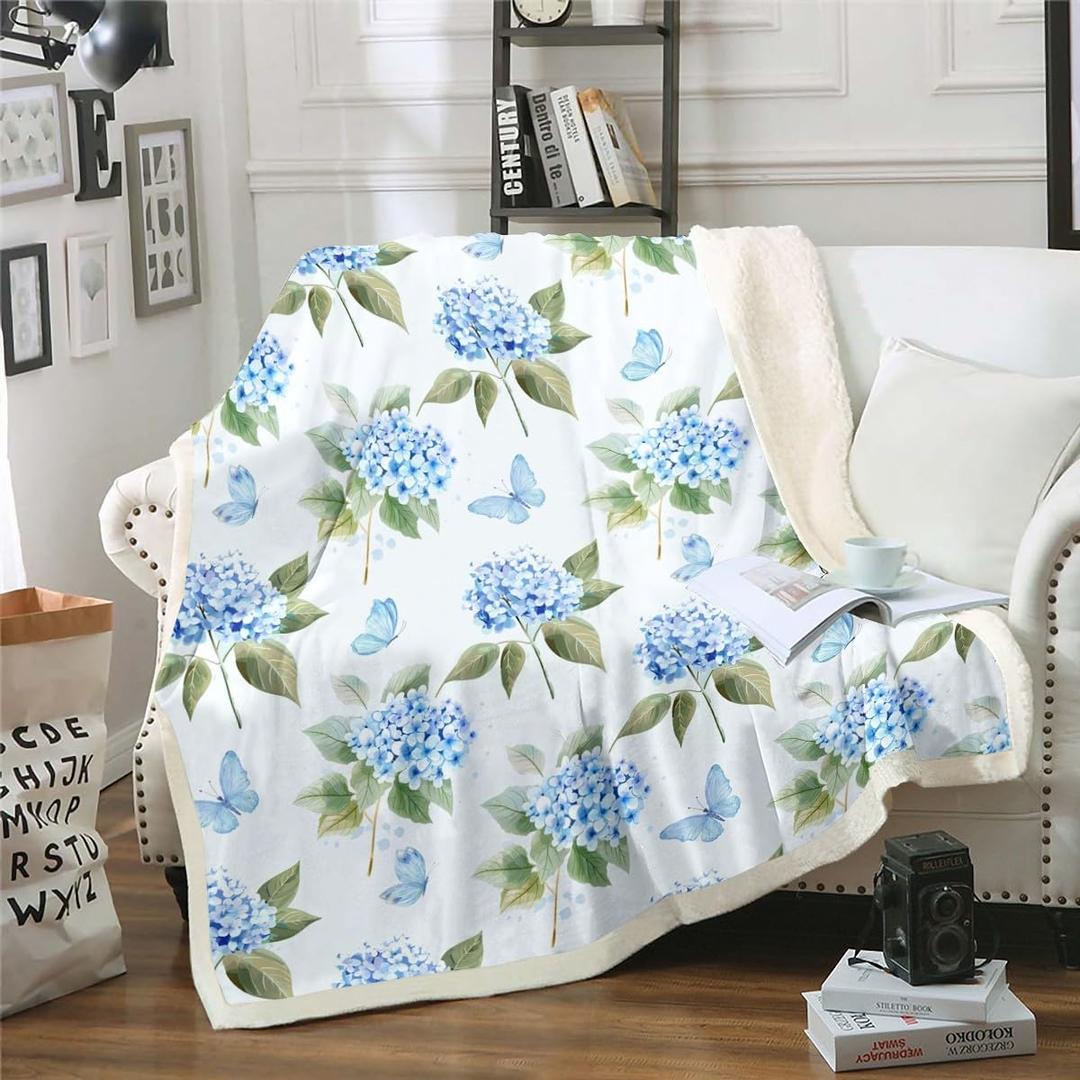 Erosebridal Blue Hydrangea Blanket Chic Flower Throw Blanket for Bed, Cute Butterfly Fleece Blanket Green Leaves Sherpa Blanket, Spring Floral Fuzzy Blanket Girls Bedroom Decor