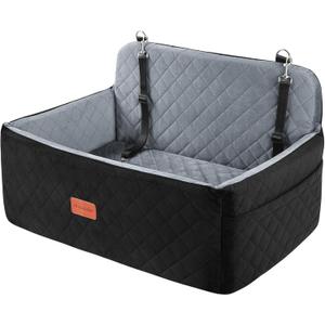 HEGGCOOE Dog Car Seat for Medium/Large Dogs, Pet Booster Seat for Up to 55 lbs or 2 Small Dogs, Detachable & Washable Dog Car Bed for Backseat with 2 Safety Leashes (Black/Grey)