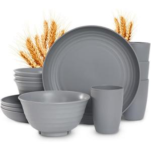 12pcs Plastic Wheat Straw Dinnerware Sets, Wheat Straw Plates and Bowls Sets for 4 College Dorm Room Essentials Microwave Dishwasher Safe (Gray)