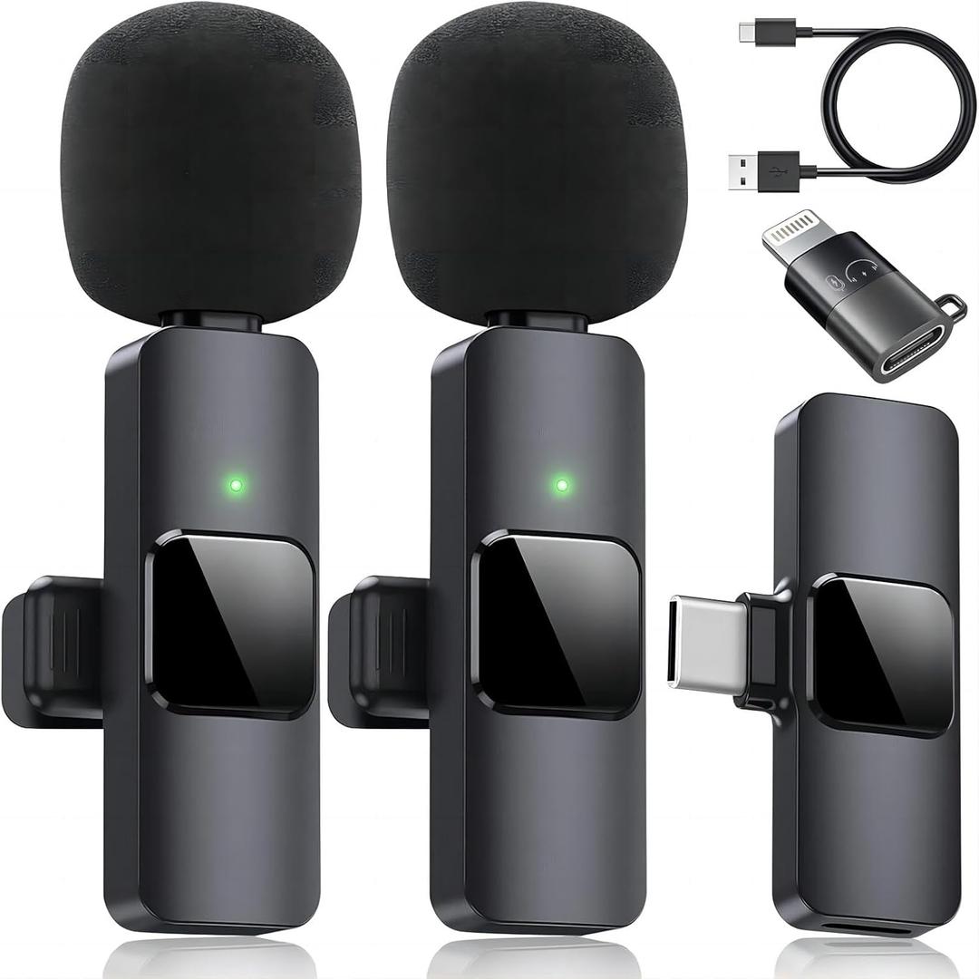 Generic 2 Pack Type C Mini Wireless Lavalier Microphone for iPhone 15, iOS and Android, for VideoLiveShows Interviews Vlogs,Tiktok YouTube Vlogs, Black,a Adapter Includes