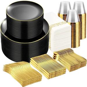700PCS Black and Gold Disposable Dinnerware Set - Includes 100 Black Plastic Plates, 100 Dessert Plates, 100 Gold Plastic Silverware Set, 100 Cups 9 OZ, 100 Napkins Ideal for Wedding Party Birthday