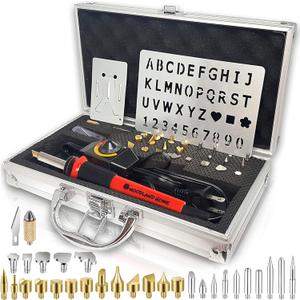 Professional Wood Burning Kit with Letters - Pyrography Pen Fully Adjustable Temperature With safety Stand - 27 Tips with Cutting Blade, Stencils and Deluxe Case