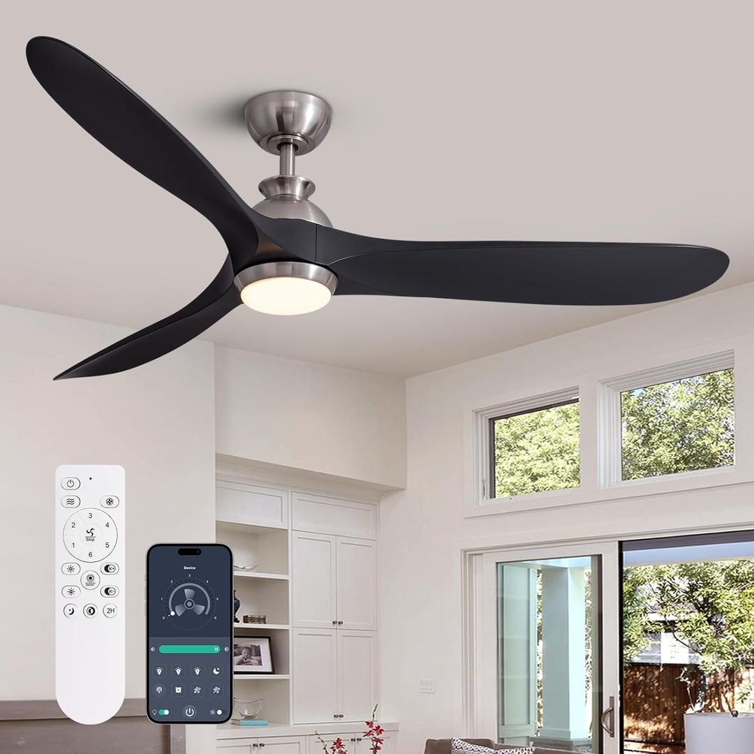 CROSSIO 60 Inch Ceiling Fan with Lights Black Modern LED Ceiling Fan 3 ABS Blades Fandelier with Remote & APP Control 6 Speeds Fandelier with Lights for Kitchen Dinning Living Room Patio Bedroom