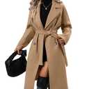 OPCAKM Women's Winter Wool Blend Pea Coat Double Breasted Notch Lapel Long Trench Coat(Khaki-XS)