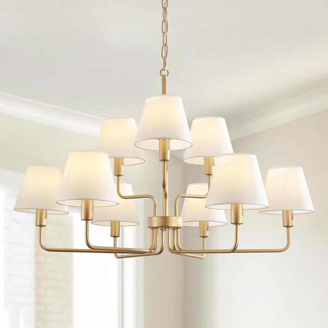 Farmhouse Chandeliers for Dining Room with White Fabric Shades,33Gold Light Fixture Chandelier,9-Lights entryway chandelier for foyer,2 Tiered Lantern Farmhouse Pendant Light for Living Room, Entryway