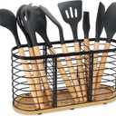 Utensil holder for Kitchen Counter- Large Utensils Holder For Farmhouse Cooking 13.5" x 4.3" x 6.9" with Wooden Base Matte Black Cooking Utensil Holder Spatula Holder Utensil Caddy