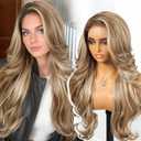 KOME Ash Blonde Highlight Synthetic Lace Front Wig,13x4 HD Lace Layered Wave Glueless Wigs for Women Daily Use 26IN