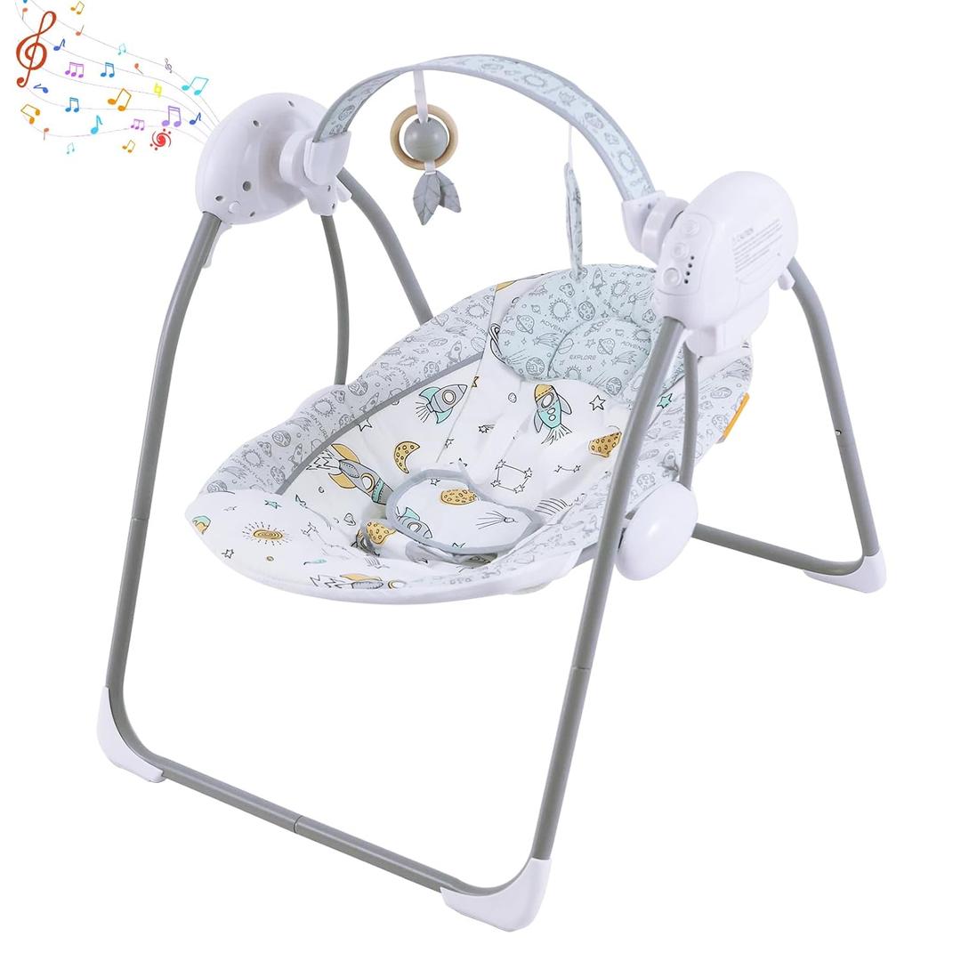 Baby Swing for Infant,Newborn Swing with Music,5 Speed Levels,Timing Setting,Soft Cushion,Foldable Infant Swing with with Hanging Planets Toy & Mirror for Indoor Outdoor Use 0-9 Months