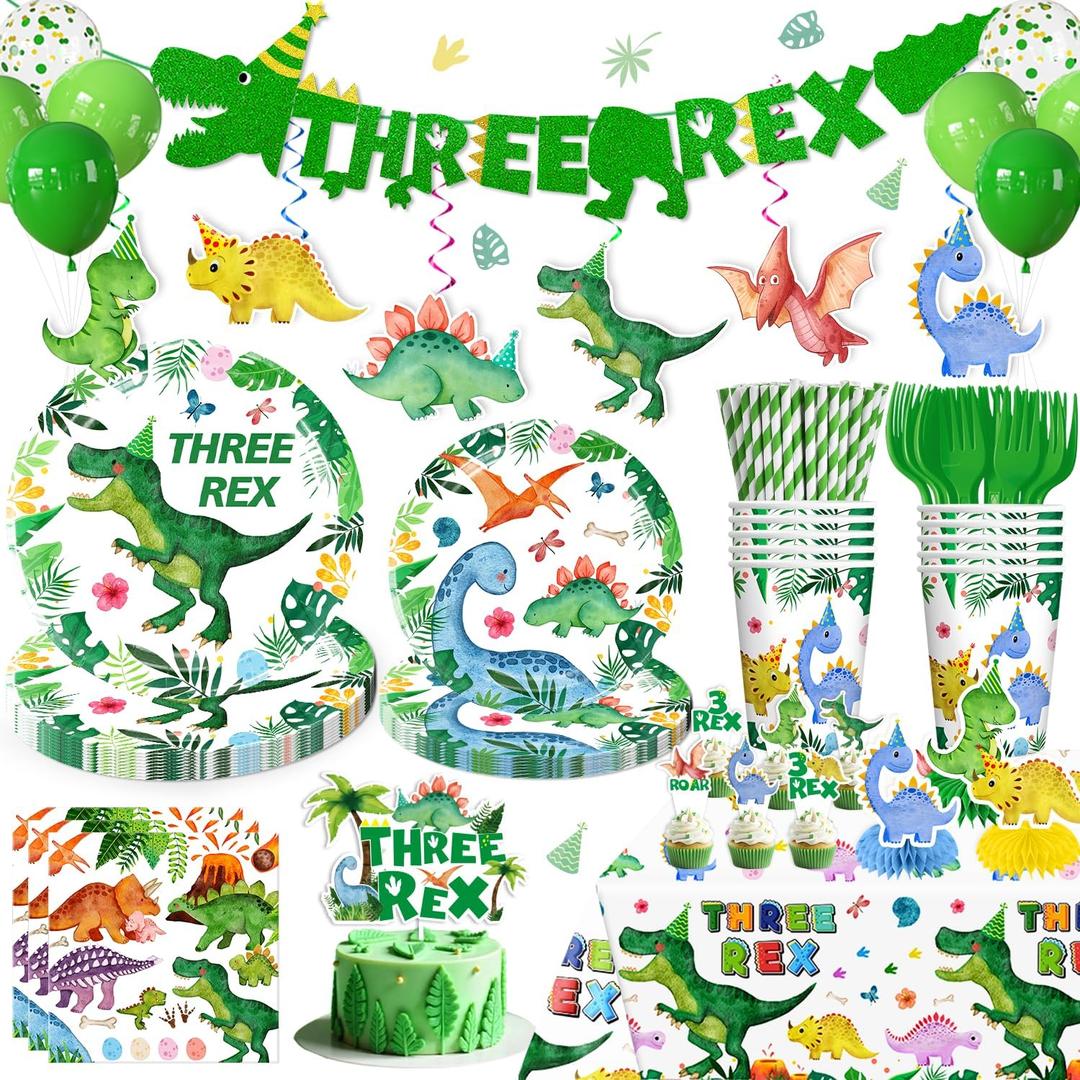 Three Rex Birthday Decorations Boy - 187 Pieces Set for 25 Guests, Includes Tableware, Banner, Hanging, Balloon, Cupcake Topper, Tablecloth- Perfect for 3rd Birthday & Dinosaur Theme Parties