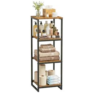 FONHAYE 4-Tier Bathroom Shelving Unit, 33.7" H Narrow Open Floor Shelves, Metal Corner Slim Storage Rack for Bathroom Laundry Room Kitchen Living Room, Rustic Brown