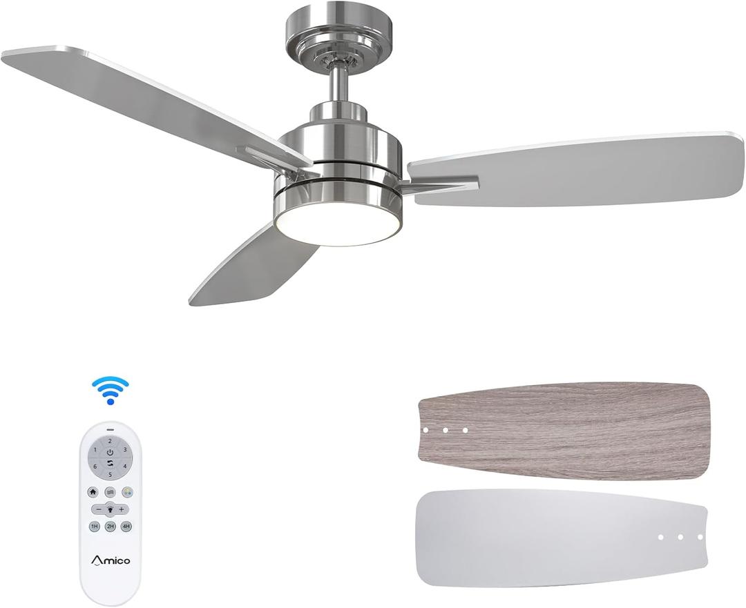 Amico Ceiling Fans with Lights, 44 inch Nickel Ceiling Fan with Light and Remote Control, Reversible, 3CCT, Dimmable, Noiseless, Small Ceiling Fan for Bedroom, Farmhouse, Indoor/Outdoor Use