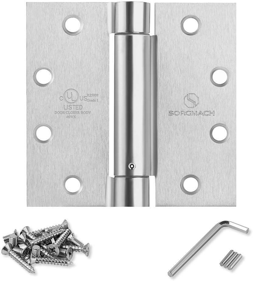 Satin Door Hinges 4.5 Inch Self Closing Hinge Hardware Adjustable Spring Hinges for Commercial Grade Self-Closing, UL Listed 3 Pack (Square/Satin)