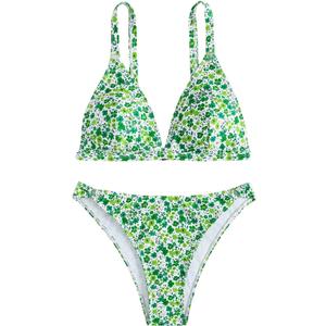 SOLY HUX Women's Floral Print Spaghetti Strap Bikini Bathing Suit 2 Piece Swimsuits (Small, Green Floral)