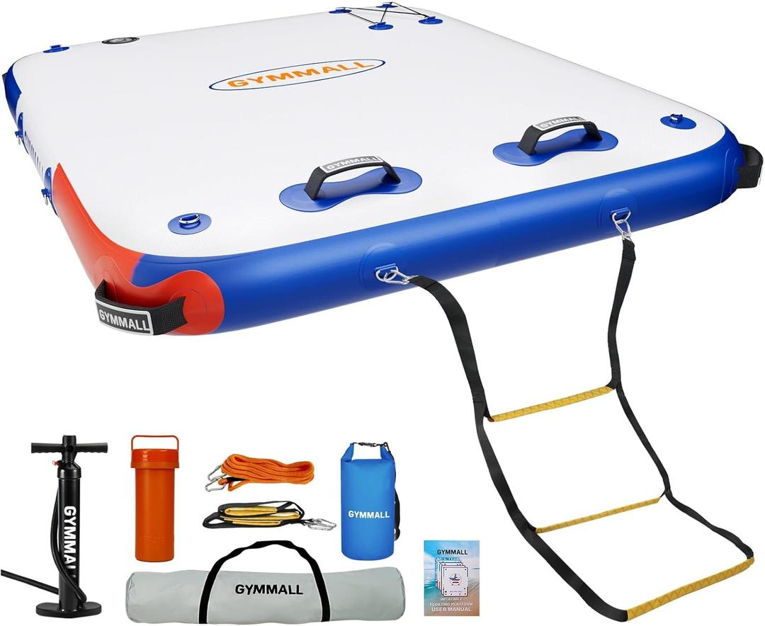 GYMMALL Inflatable Floating Dock Platform, 10ft*6ft Air Dock Platform Floating Island Raft with None-Slip Surface, 6in Thick Water Floating Dock Mat for Swimming Pool Lake Beach Ocean - Blue Red