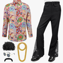 Men's 70s 80s Disco Outfit Costume Dance Bell Bottom Pants Retro Shirts Moustache Sunglasses Wigs Necklace XL