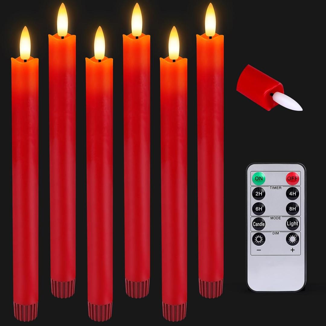HINZER 6 Pcs Flameless Taper Candles with Remote & Timer 9.6 inch Real Wax Battery Operated LED Warm 3D Wick Flickering Window Candles for Halloween Christmas Wedding Decor, Red
