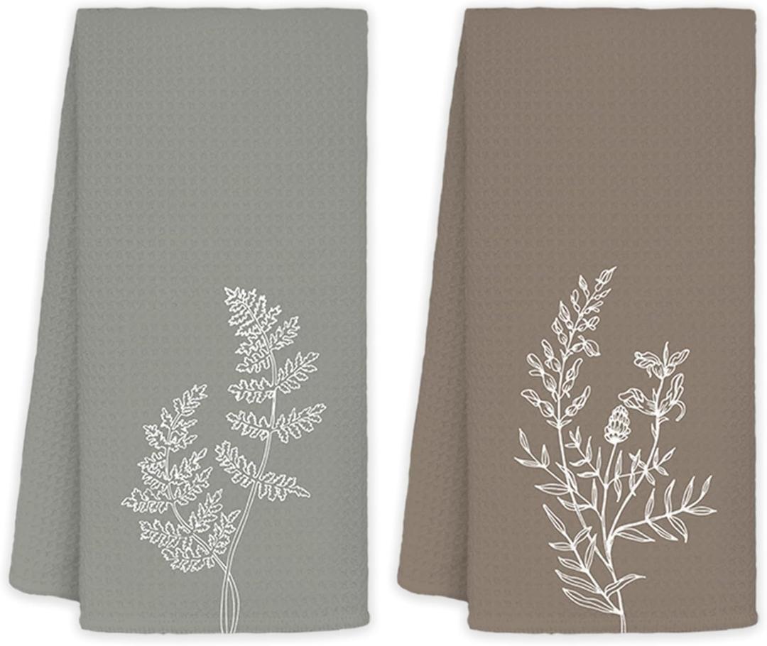 JINYO Minimalist Boho Floral Kitchen Towels, Neutral Botanical Hand Towels for Bathroom Kitchen Decor, Rustic Elegant Wildflower Plant Decorative Dish Tea Towels, 16x24 Inch Set of 2