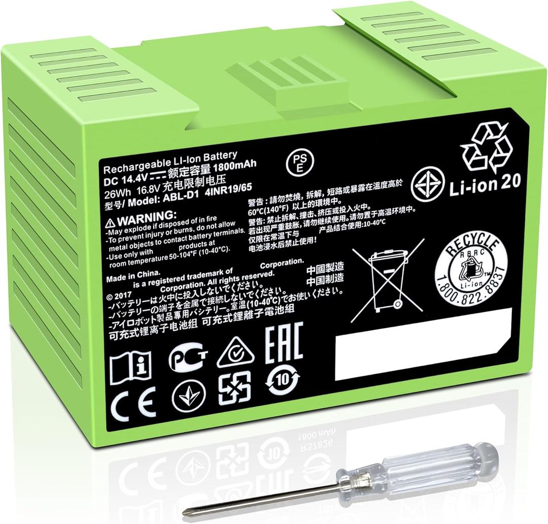 for iRobot Roomba e e5 e6 e5150 e5152 e6198 and i i3 3150 i3+ 3550 i4 4150 i4+ 4552 i6 I7 i7158 i7+ 7150 7550 i8 Plus Replacement Lithium Ion Battery ABL-D1 4624864 4INR19/65 DC 14.4V 1800MAH/26WH