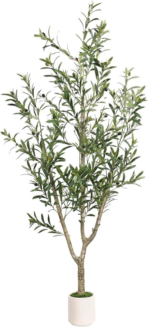 Faux Olive Tree 6ft Tall 1Pack with White Planter for Home Decor | Olive Trees Artificial Indoor Fake Olive Tree with Natural Olive Branches and Realistic Leaves for Home Decor Indoor