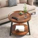 Small Round Side Table, 2-Tier Mid Century Modern Side Table, Round End Table Small End Table for Living Room, Metal Frames, Brown