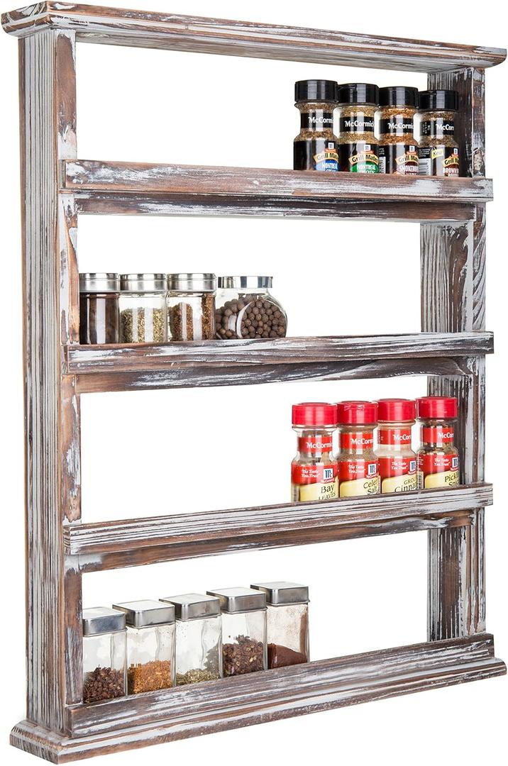 MyGift Rustic Torched Wood Wall Hanging Spice Rack, 4 Tier Seasoning Jar Shelves Pantry Organizer