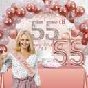 Trgowaul 55th Birthday Decorations Balloon Set Women's Arch, Rose Gold 55th Birthday Banner and Party Tablecloth, Belt and Tiara, Pink Gold 55th Balloon, Pink Birthday Cake Top, Latex Balloon * 60