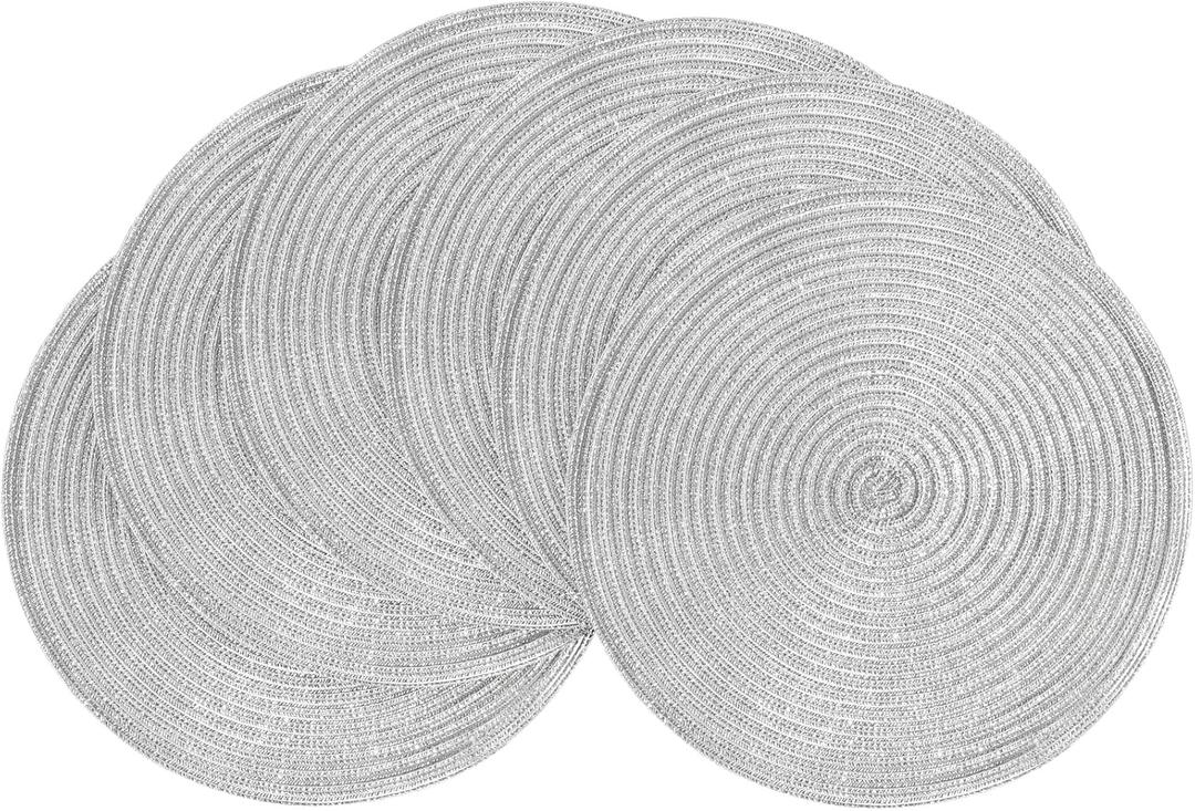 Floroom 15 Inch Round Braided Placemats Set of 6, Washable Heat Resistant Cotton Polyester Circle Place Mats for Kitchen Dining Table - Shimmer Silver