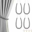 Hion 4 Pcs Boho Curtain Tiebacks,Wood Beads Curtain Holdbacks,Outdoor Farmhouse Tie Backs for Curtains,Curtain Holders for Drapes Home Office Room Decor with Hooks(Grey