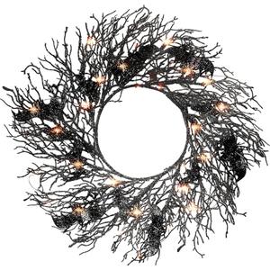 Dingion 26'' Artificial Black Twig Wreath with Glitter Bats - Halloween Black Bat Wreath Hanging Decoration for Front Door, Window, Indoor & Outdoor Halloween Party Decor