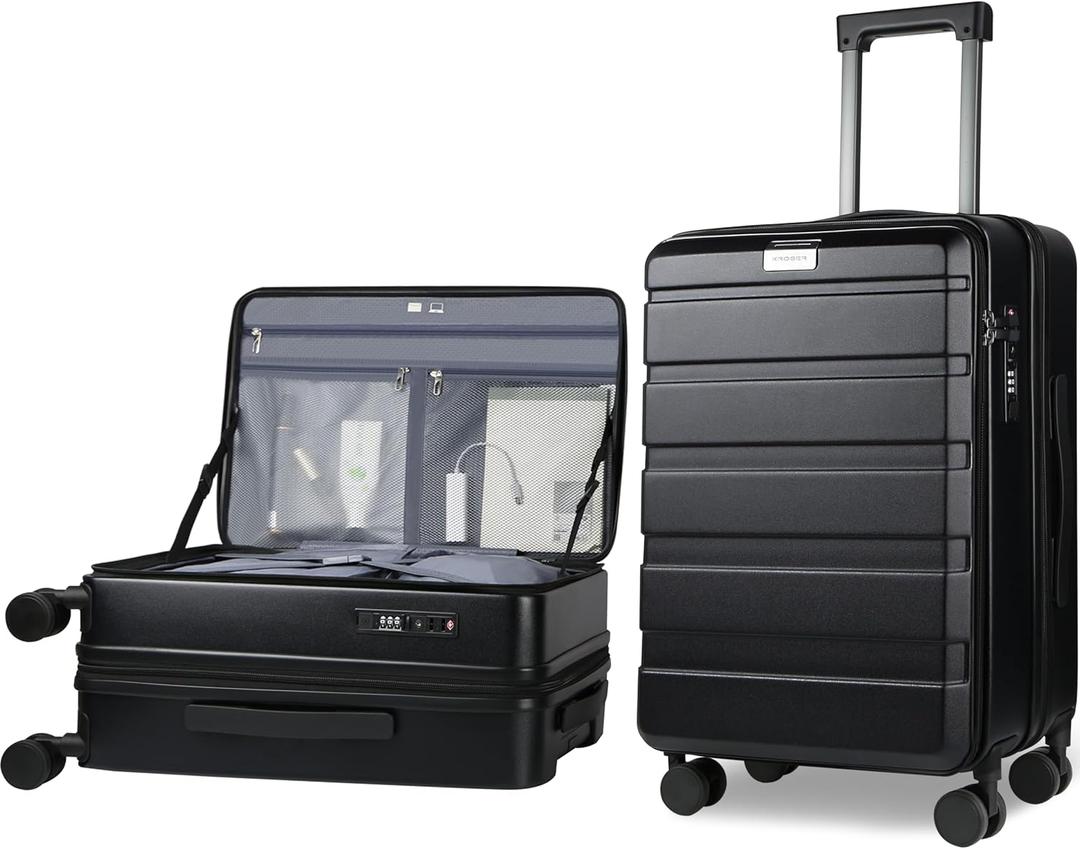 KROSER Carry On Luggage with Spinner Wheels & Built-in TSA Lock, Expandable Top Opening Hard Shell Suitcase Large Capacity Durable Rolling Luggage with USB Port, Carry-On 20-Inch, Black
