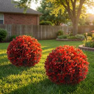 XunYee 2 Set Artificial Topiary Ball Trees UV Resistant Outdoor Faux Shrubs with Ground Spike for Front Porch, Garden, Yard, Patio Decor, Lifelike Greenery Bushes (16 x 8 Inch,Red)
