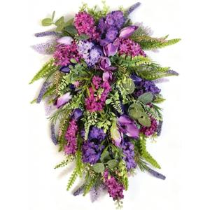Purple Floral Hanging Wreath - Inch Lavender Tulip Hyacinth Eucalyptus Door Decor for Spring Summer, Wedding Arch Garden Porch Decoration