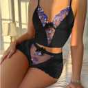 Verdusa Women's 2 Piece Floral Mesh Velvet Pajama Set Crop Camisole Tops with Micro Shorts Nightwear (S)