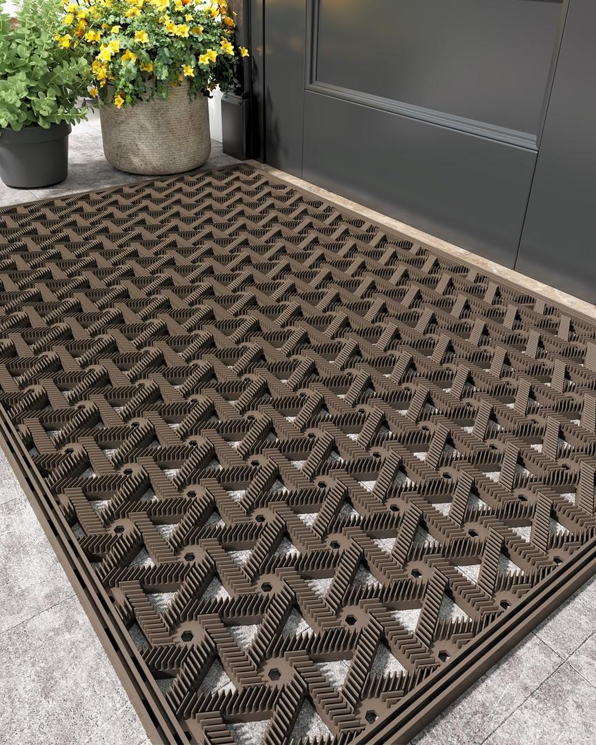 Color&Geometry Door Mat Outside Entrance with Drainage, Rubber Heavy Duty Dirt Trapper Waterproof Outdoor Welcome Mat, Outdoor Mats All Weather for Front Back Door Patio Entryway Entry, 32"X48" Brown