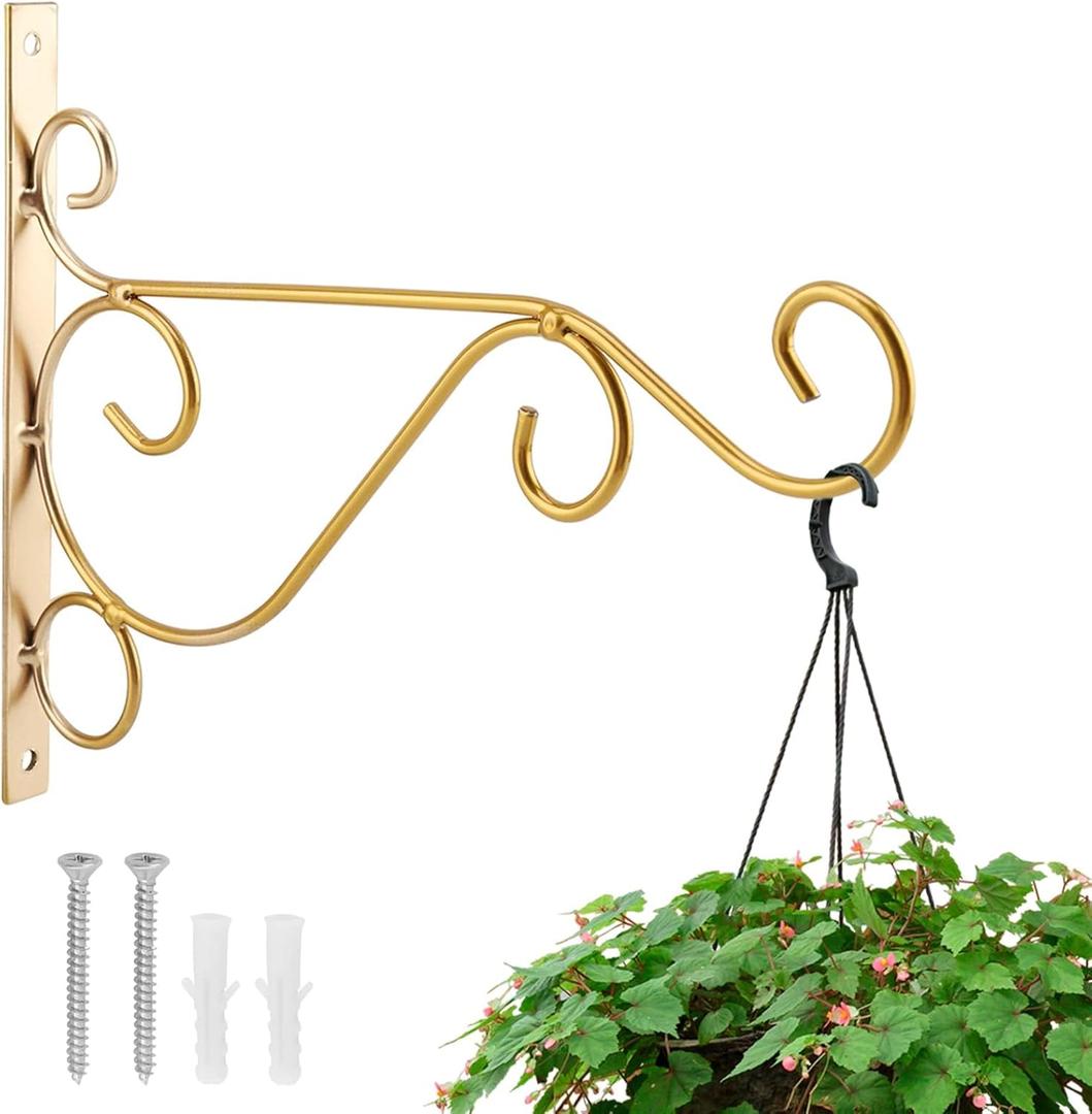 Plant Hanger Wall Hooks, Iron Plant Bracket, Decorative Wall Mount Planter Hooks for Hanging Lantern Bird Feeder Fence, Gold